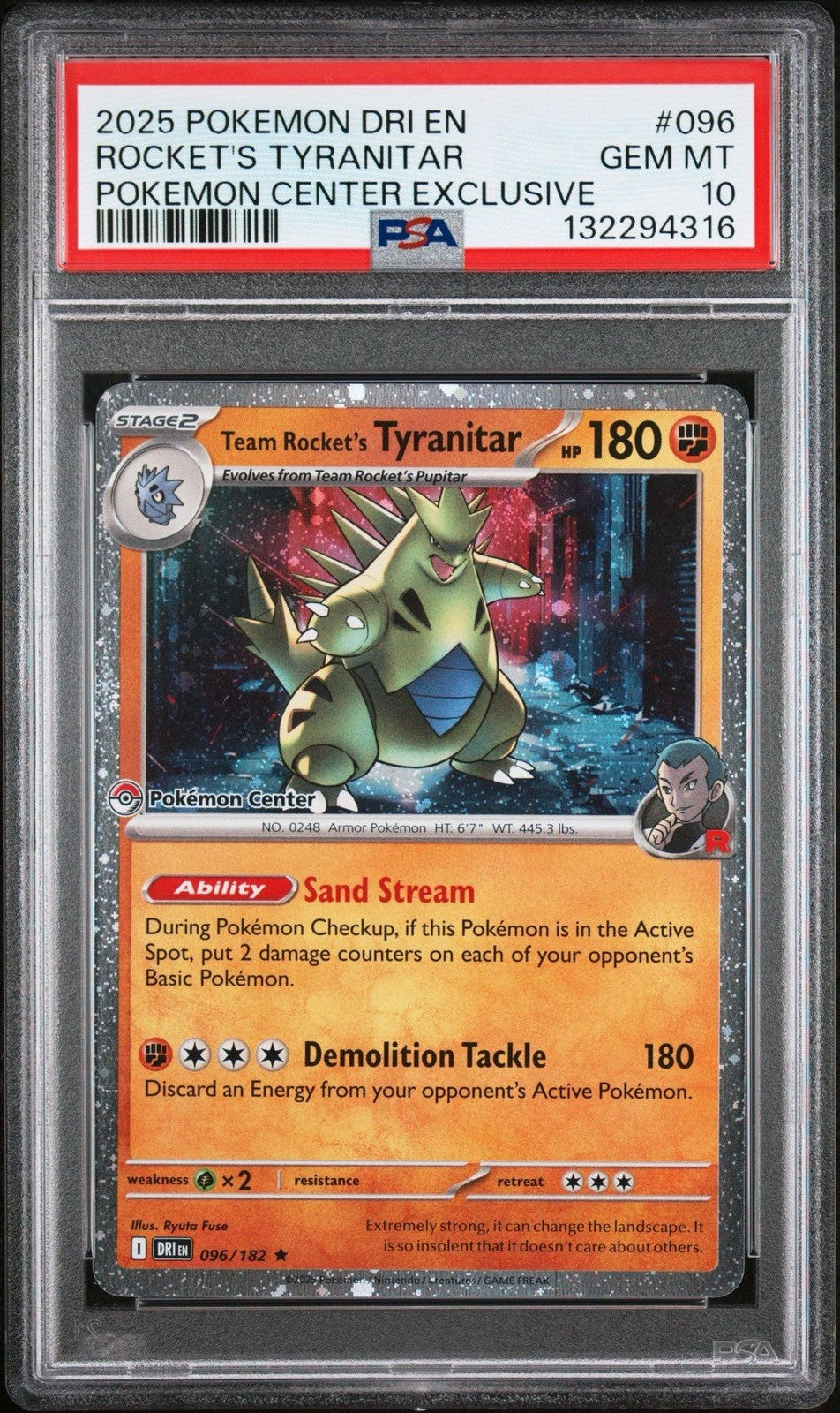PSA 10 Team Rocket's Tyranitar — 2025 Pokémon Destined Rivals #096, swirl Pokemon Center Exclusive