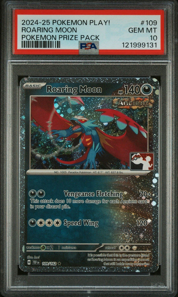 PSA 10 Roaring Moon — 2024 Pokémon Prize Pack Series Cards #109/162, 3 swirl, Holo