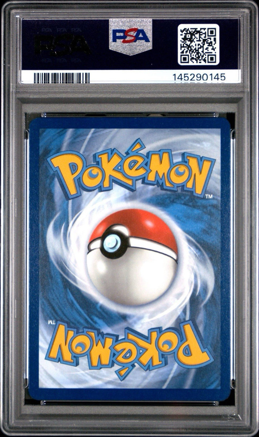 Back of the PSA slab for Eevee, showing cert 145290145