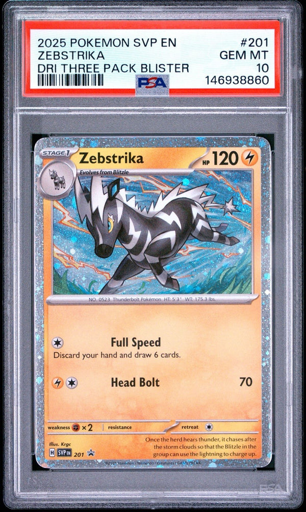 PSA 10 Zebstrika — 2025 Pokémon SVP Promo (3-Pack Blister) #201, Holo, swirl