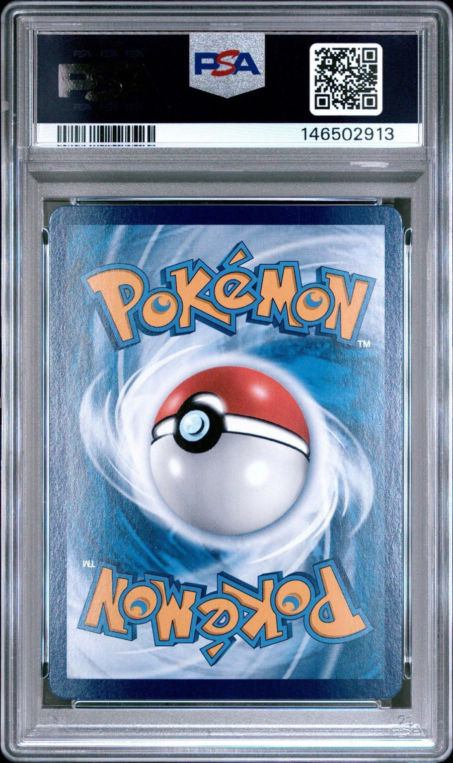 Back of the PSA slab for Pikachu, showing cert 146502913