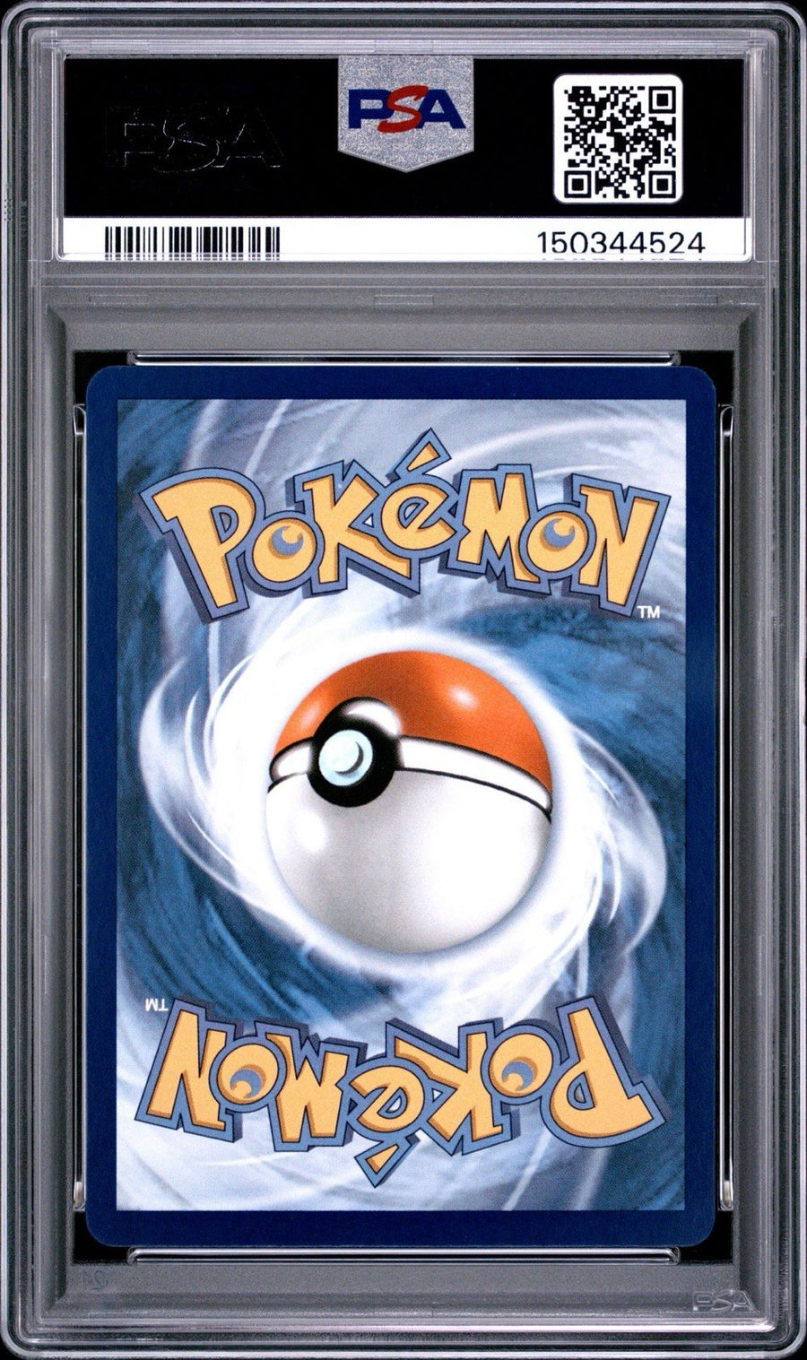 Back of the PSA slab for Ethan's Typhlosion, showing cert 150344524