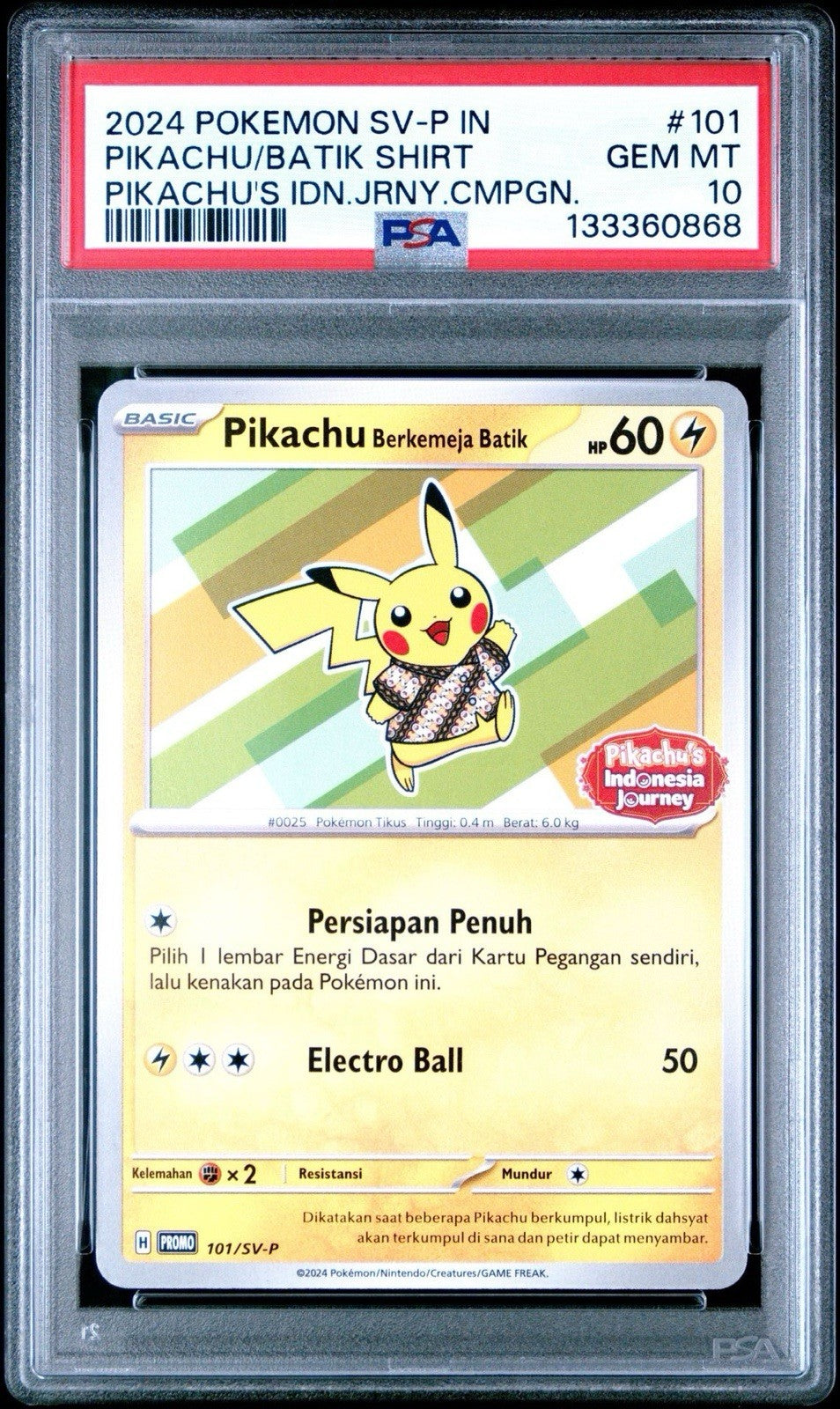 PSA 10 Pikachu (Berkemeja Batik) — 2024 Pokémon SV-P Scarlet & Violet Promo #101, Indonesian, Non-holo