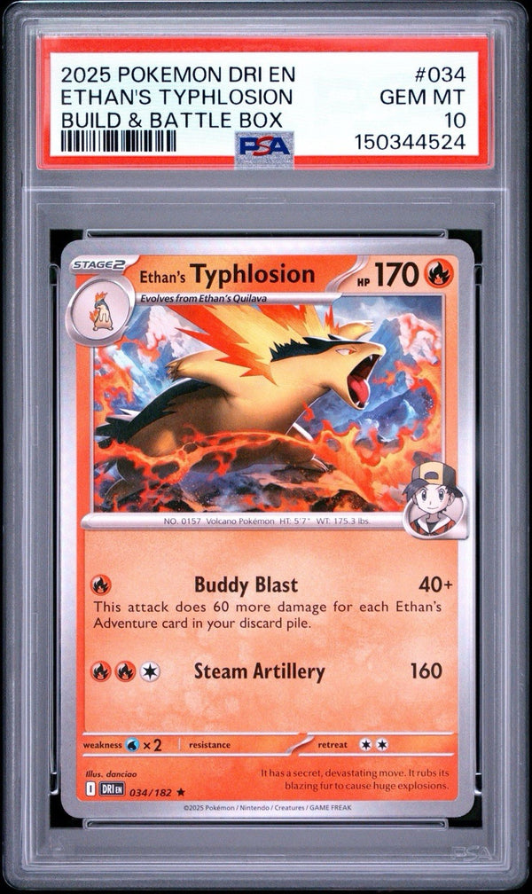 PSA 10 Ethan's Typhlosion — 2025 Pokémon Destined Rivals #034/182, Holo, Rare Build & Battle Box