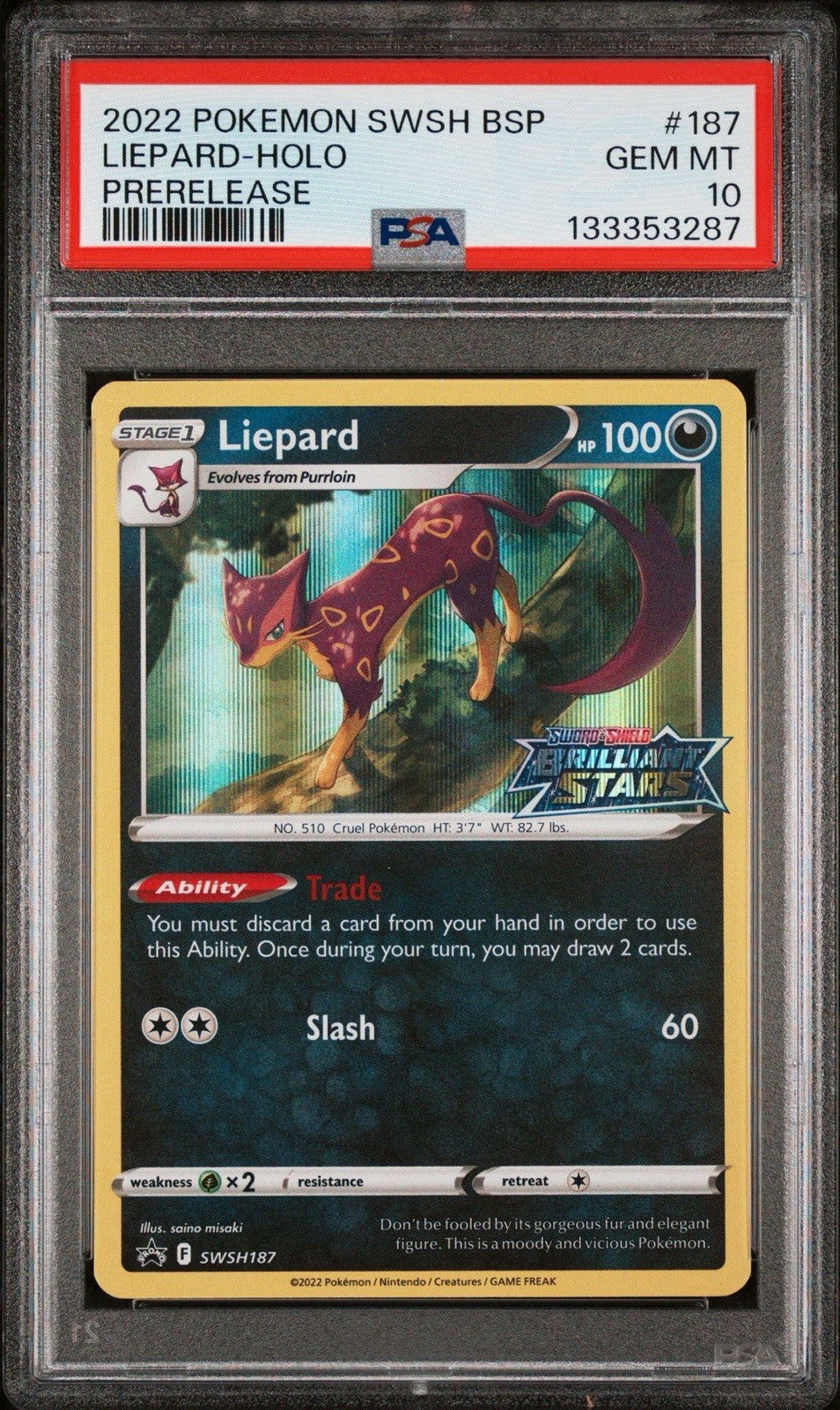 PSA 10 Liepard — 2022 Pokémon SWSH Black Star Promo (Prerelease) #187, Holo