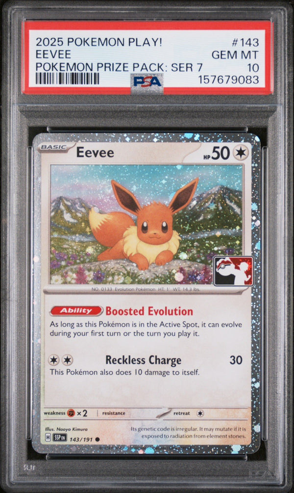 PSA 10 Eevee — 2025 Pokémon Play! Prize Pack Series 7 #143, swirl