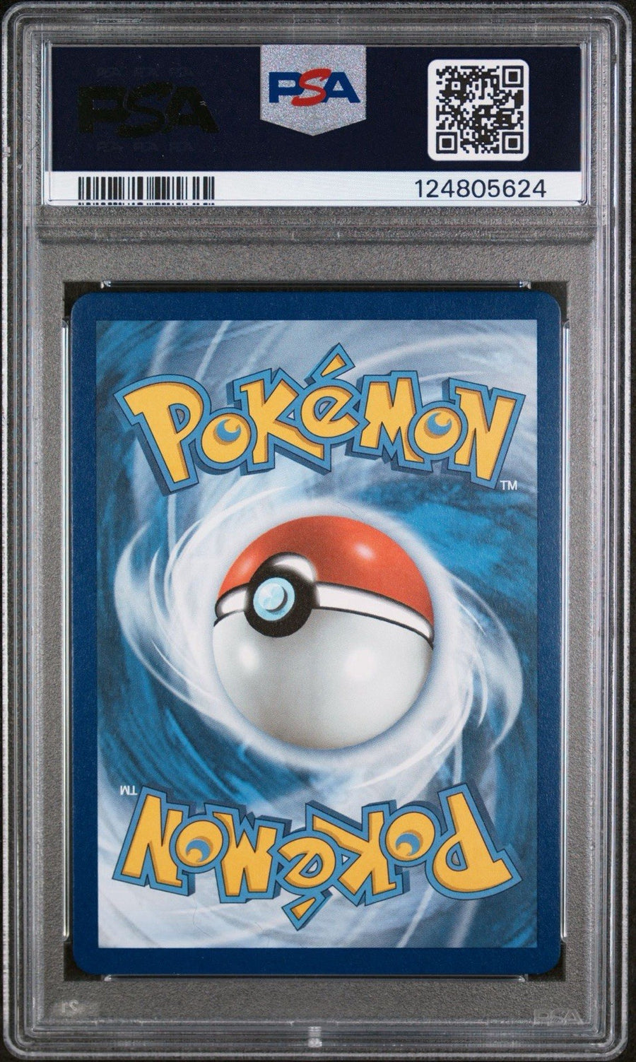 Back of the PSA slab for Pikachu VMAX (Full Art), showing cert 124805624