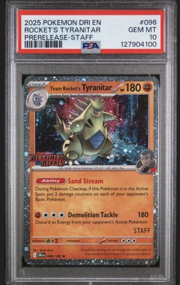 PSA 10 Team Rocket's Tyranitar — 2025 Pokémon Destined Rivals #096, Prerelease Staff, 2 swirl