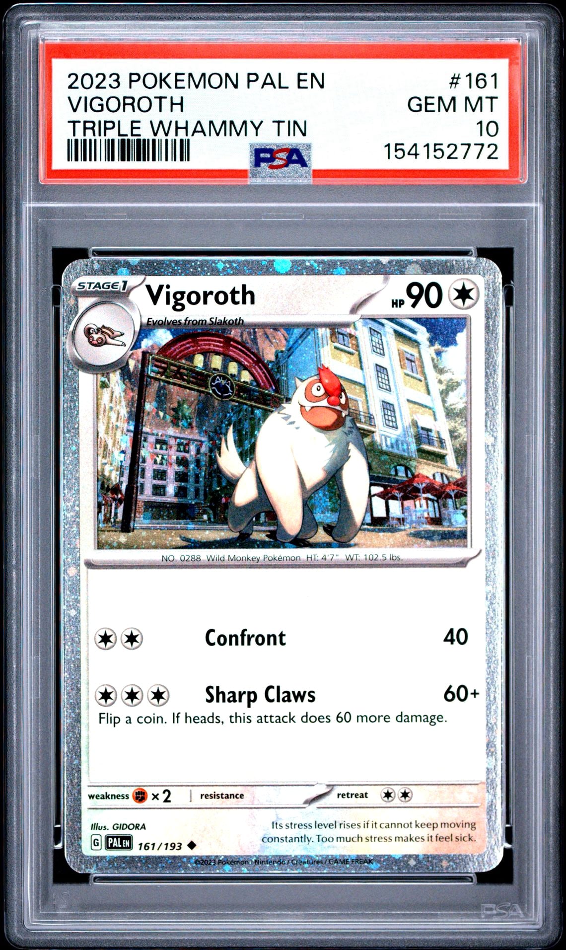 PSA 10 Vigoroth — 2023 Pokémon Paldea Evolved Triple Whammy Tin #161/193, swirl, Cosmos Holo