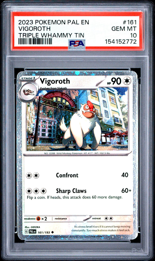 PSA 10 Vigoroth — 2023 Pokémon Paldea Evolved Triple Whammy Tin #161/193, swirl, Cosmos Holo